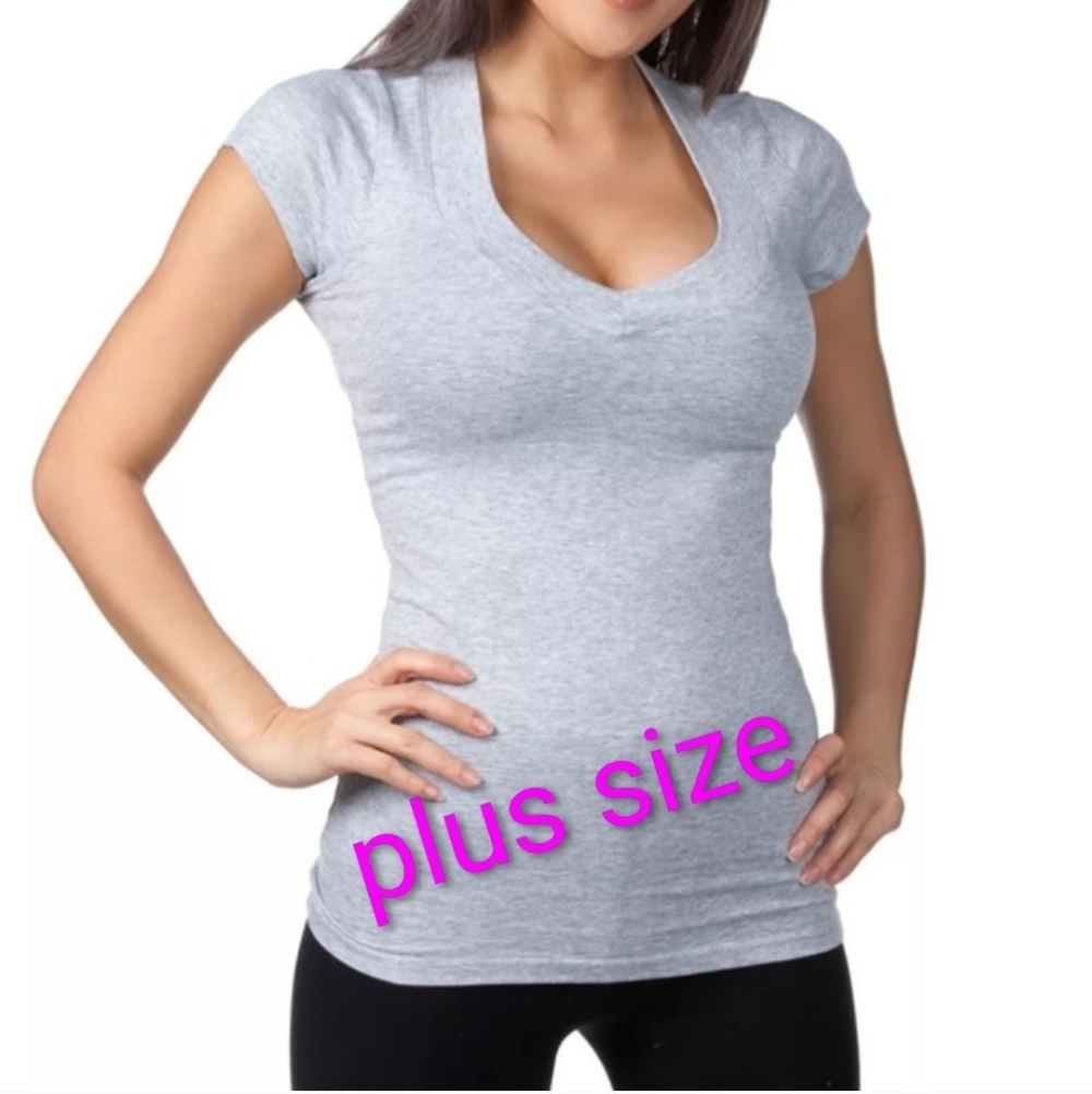 Plus Size❤️Women Heather Gray Lowcut vneck solid short sleeve tshirt top